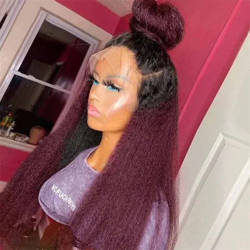 Yaki Long Ombre 99J Glueless 30\'\' Kinky Straight Lace Front Wig For Women With Baby Hair Synthetic Preplucked Daily Wig