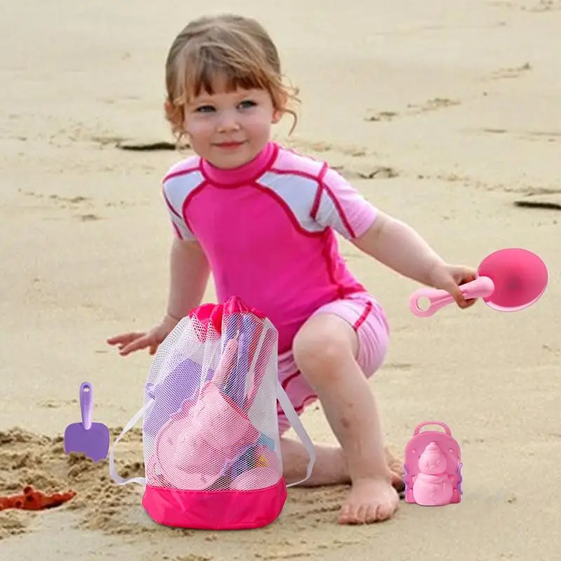 Beach Toys for Kids Travel Sand Toys with Foldable Bucket and Mesh Bag Include Molds Rake Shovel Summer Game for Boys Girls