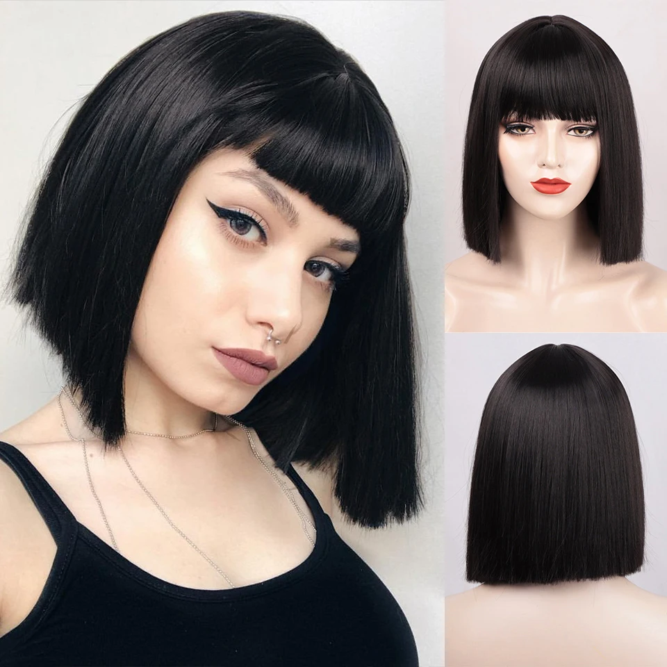 I's a wig Synthetic Wigs Short Straight Black Wig with Bangs Bob Wigs for Women Pink Red Purple Brown Cosplay Hair for Daily Use