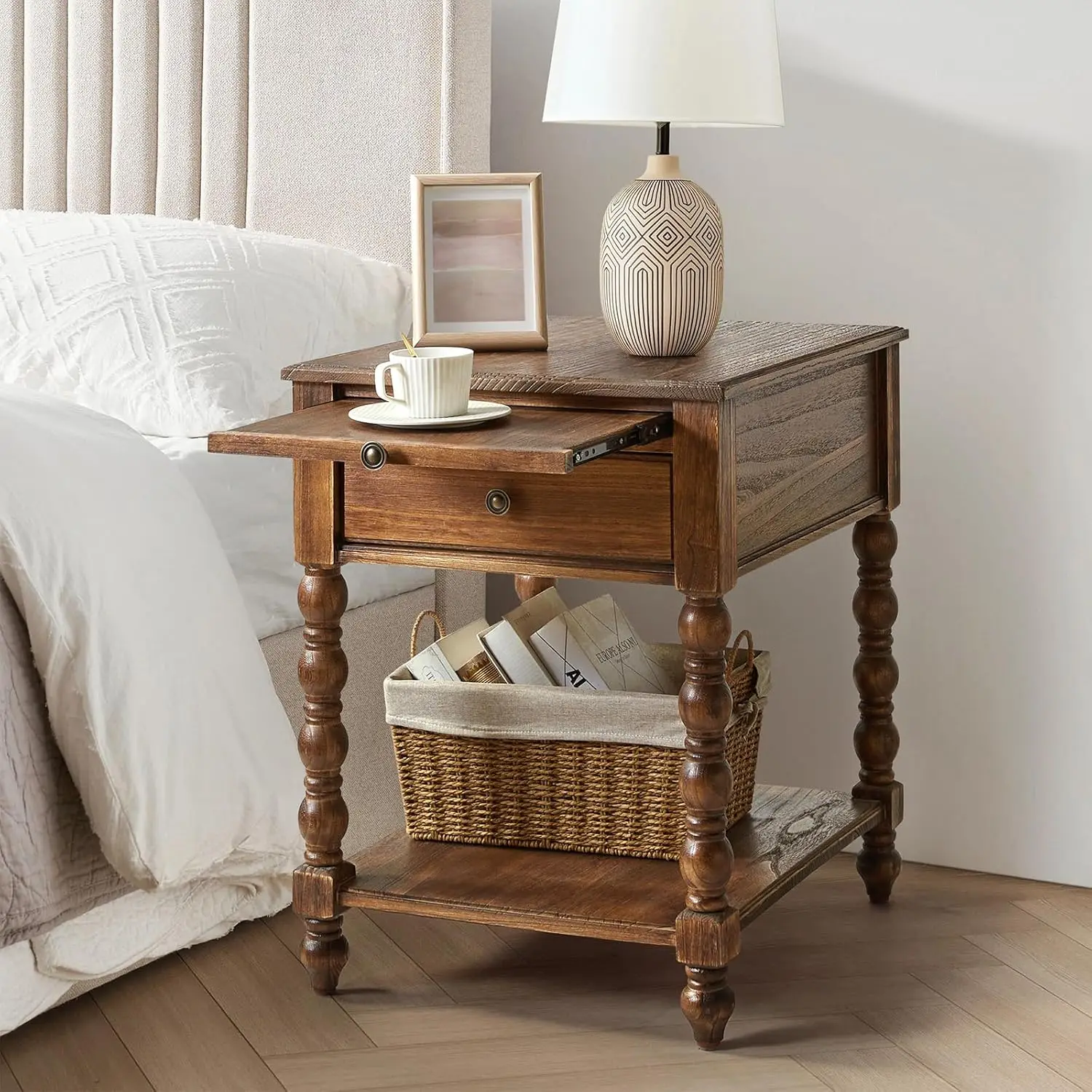 

Farmhouse End Table with Charging Station, Solid Wood Nightstand with Drawer Shelf, Side Table with Pull-Out Shelf (Walnut)