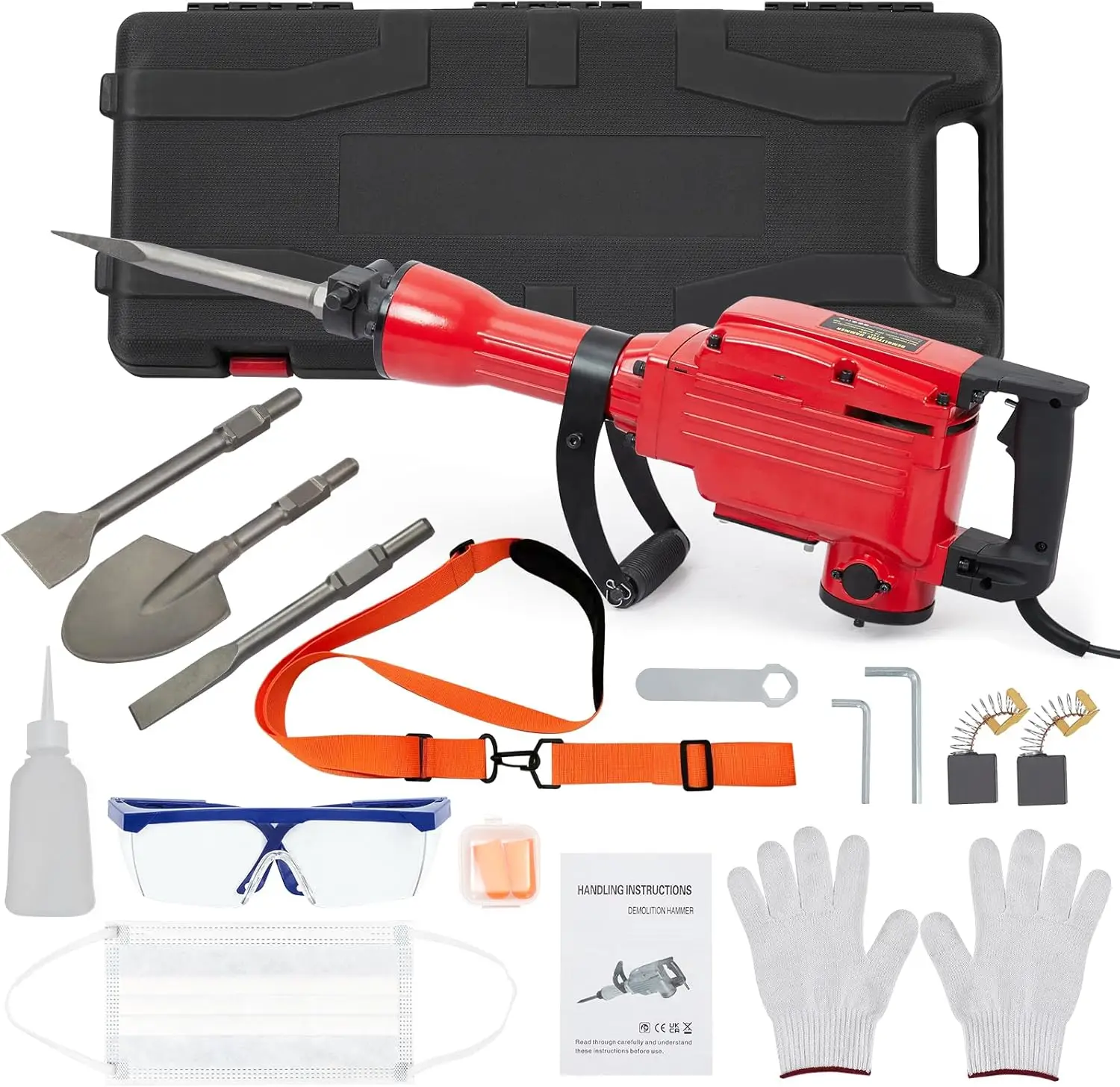 

2200W Jack Hammer Electric 1400 BPM Demolition Jack Hammer Tool Kit, 4pcs Chisels Bit Set W/Case, Noise-Canceling Earplug, Shoul