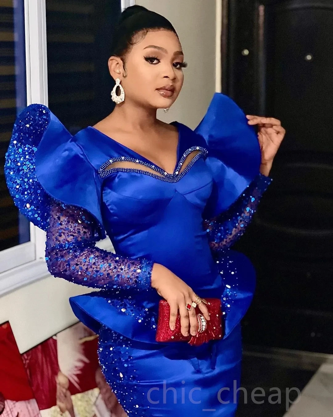 

Royal Blue African American Prom Dresses Sheath Long Sleeves Sequins Pearls Black Girls Nigeria Robe De Soiree Evening Gown