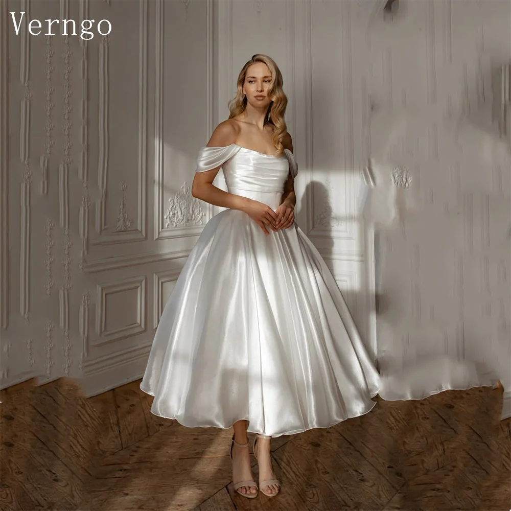 Verngo lvory Satin Wedding Dress Off The Shoulder A Line Bridal Gowns Women Elegant Ankle Bride Dresses Customized