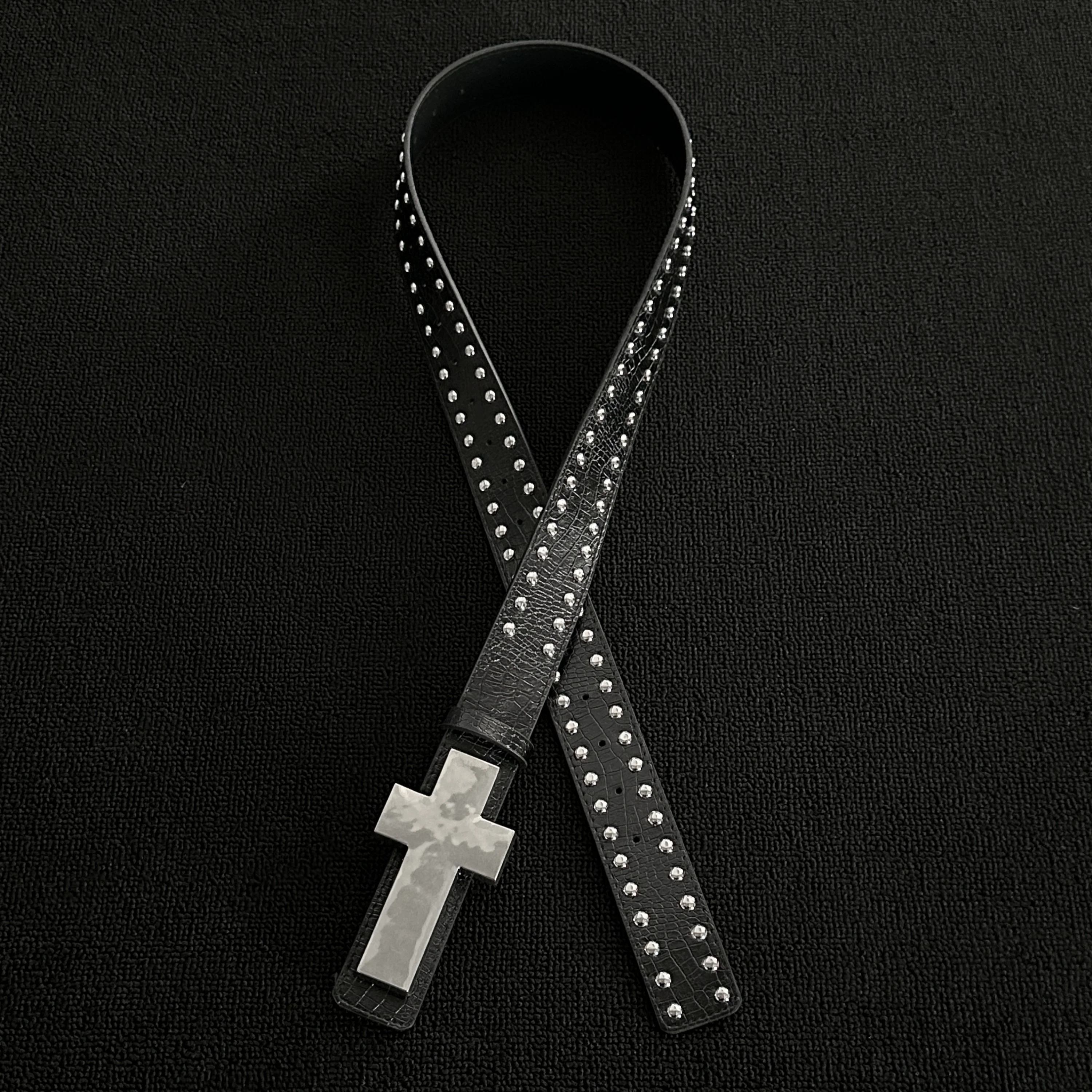 Crackle-Patterned Studded Metal Cross Belt, a Subcultural Gothic Punk Dark-Style Outfit Accessory