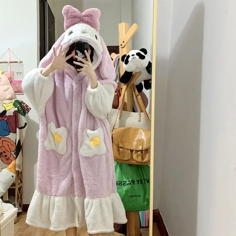 Kawaii Sanrio MyMelody Anime Plush Pajama Dress New Cute Princess Winter Home Flannel Thickened Warm Hooded Birthday Girl Gift