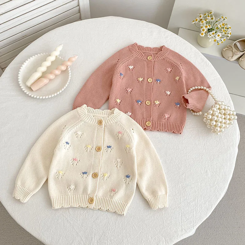 

Toddler Boy Girl Knitted Sweaters with Embroidered Flowers Newborn Cardigan 0 To 3 Year Old Baby Knit Coat Infant Casual Outwear