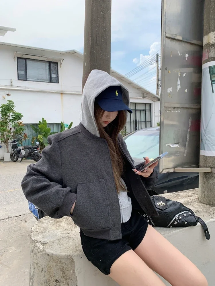 ADAgirl Baseball Woolen Coat Cropped Bomber Jacket Oversized Streetwear Loose Casual Korean Fashion Uniform Winter Clothes Women