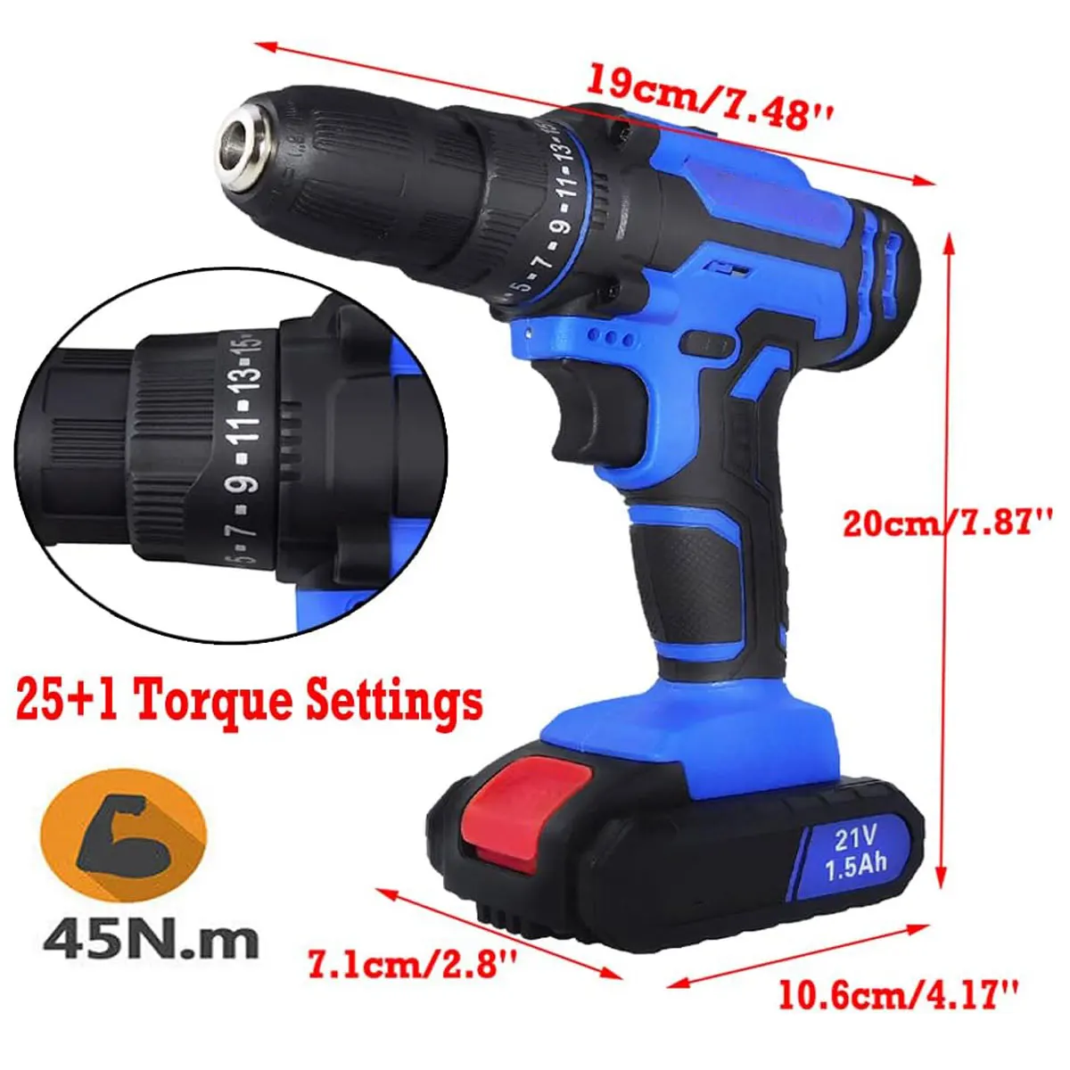 21V Cordless Drill Set, Cordless Drill Bit Drive Set, Electric Drill Set with 3/8" Keyless Chuck, with Work Light, Max Torque 45