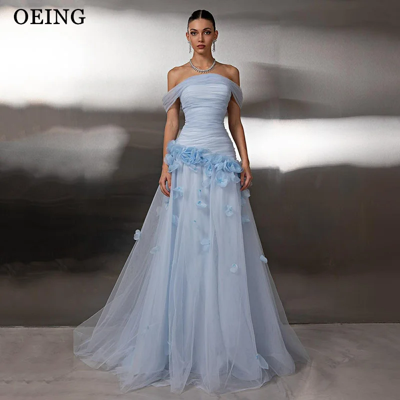 

BOEING Элегантное платье трапециевидной формы для выпускного вечера Небесно-голубое с открытыми плечами и аппликациями со складками Вечерние платья длиной до пола, вечернее платье по индивидуальному заказу