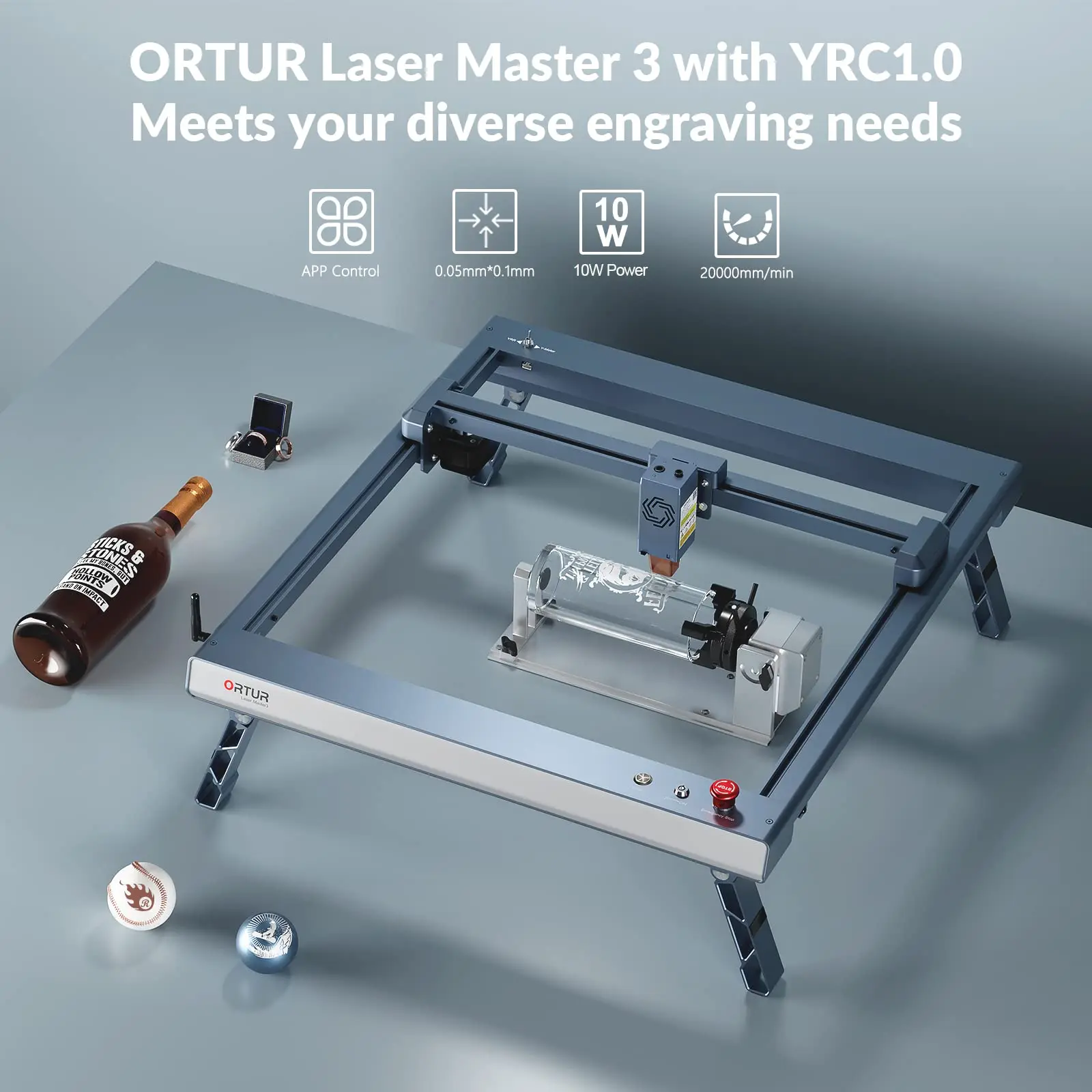 ORTUR Laser Master 3 with Foldable Feet FFT1.0 and Rotary Chuck YRC1.0, 10000mW Output Laser Cutter App Control Laser Engraver