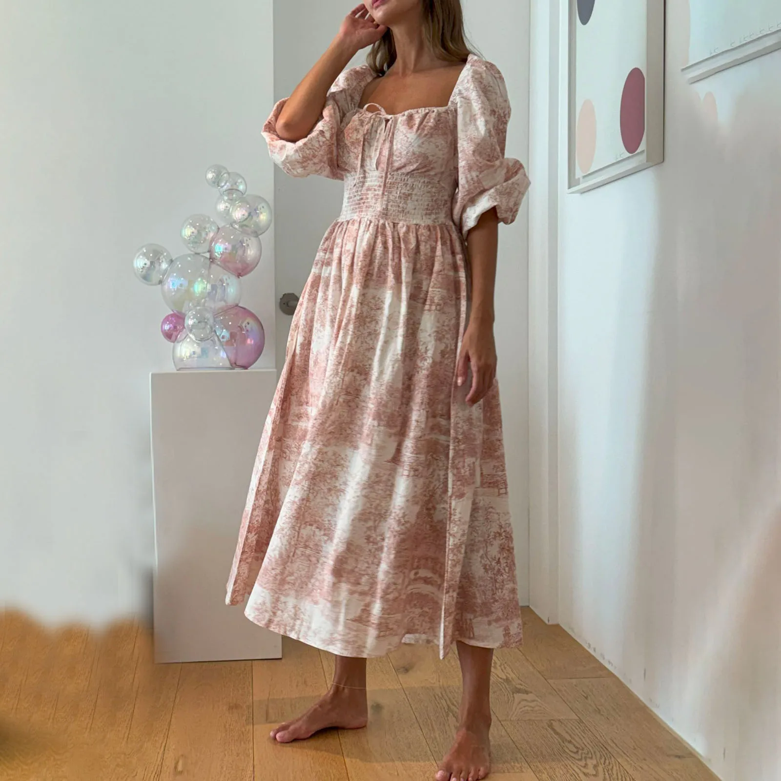 Wysokiej jakości damska długa sukienka na jesień, stylowa, z wiązaniem na kokardę, we wzór kwiatowy, marszczona, z długimi rękawami typu latarnia, codzienna sukienka w kształcie litery A.