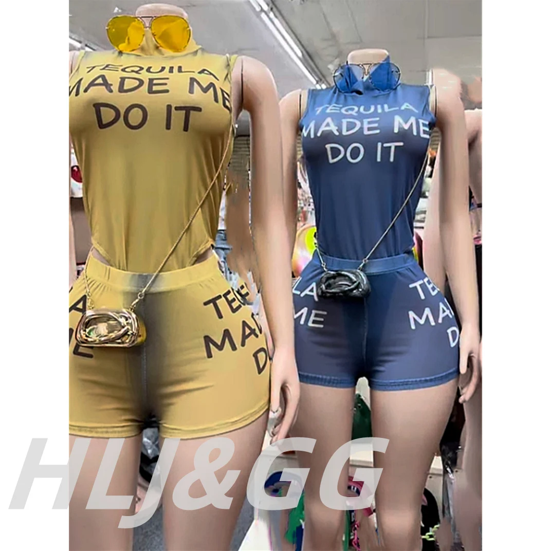 HLJ&GG Fashion Mesh Letter Print Bodysuits Two Piece Sets Women Sleeveless Slim Top And Shorts Outfit Sexy See Though Streetwear
