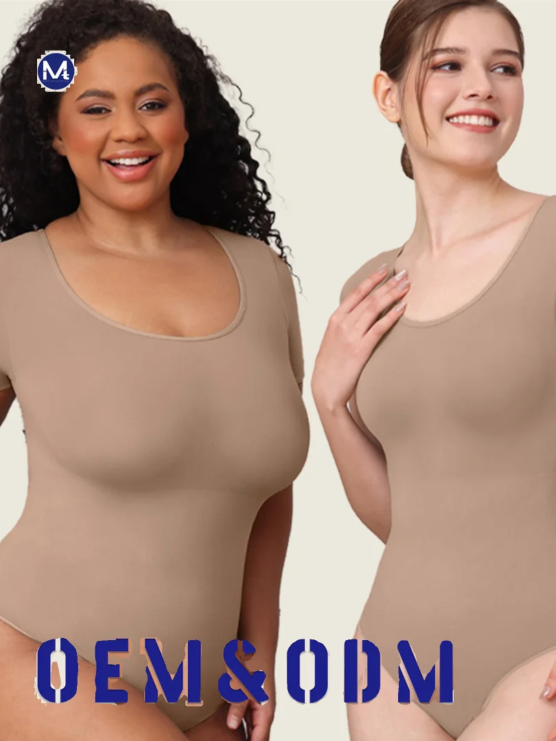 

Round Neck Waist Cinched Thong Bodysuit Crewneck Tunic Women