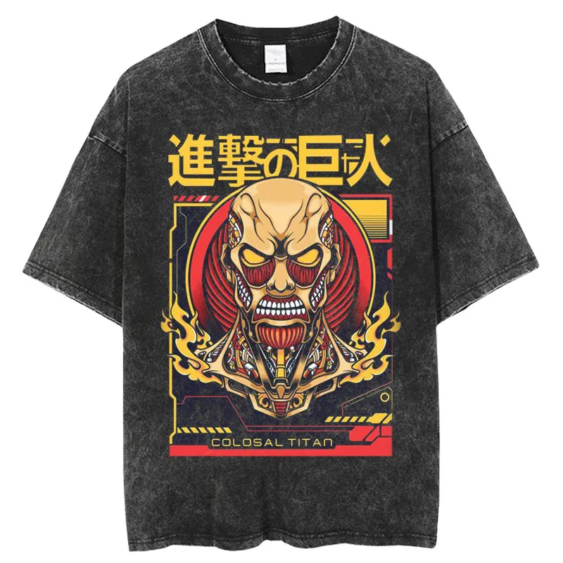 

Футболка Attack on Titan Colossal Titan Rising Sun Wave Acid Wash Oversized Black T Shirt 2026 Summer Streetwear Anime Graphic Tee