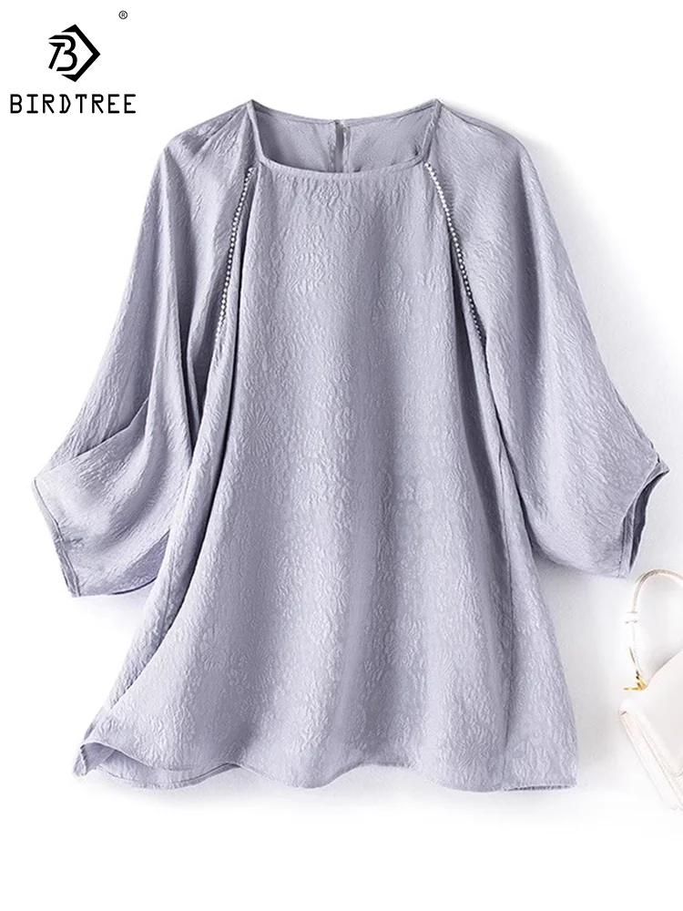 

Birdtree 100%Natural Silk Women T-shirt Crepe Jacquard Weave Pearl Elegant Loose Pullovers 2023 Summer Autumn Chic Top T38653QM