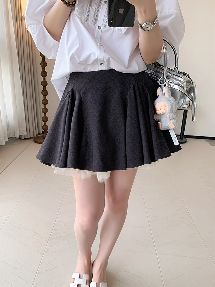 

Black Lace Trim Half Skirt Woolen A-Line Skirt Women's New 2026 Pleated Polyester Fiber High Waist Commuter Style