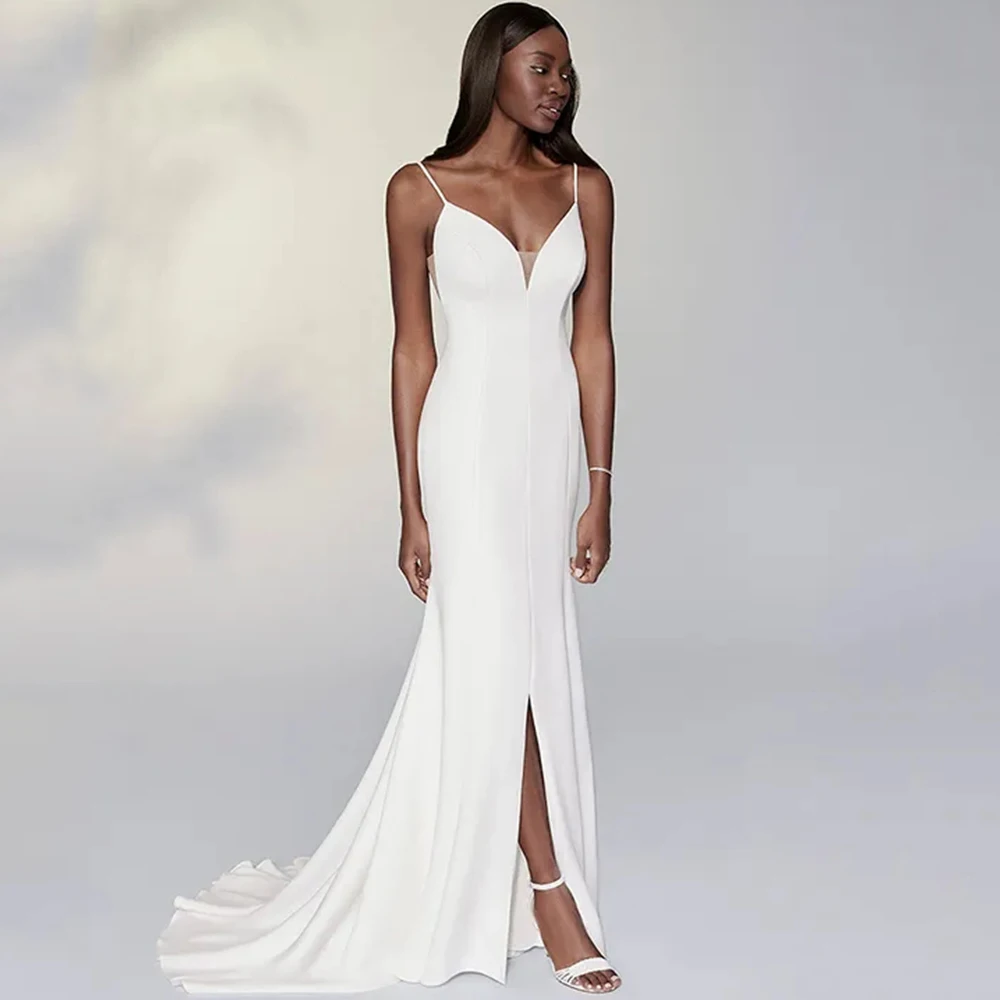 Sexy Open Back Mermaid Wedding Dress Classic Spaghetti Straps V-Neck Sleeveless Front Slit Floor Length Civil Bridal Gowns