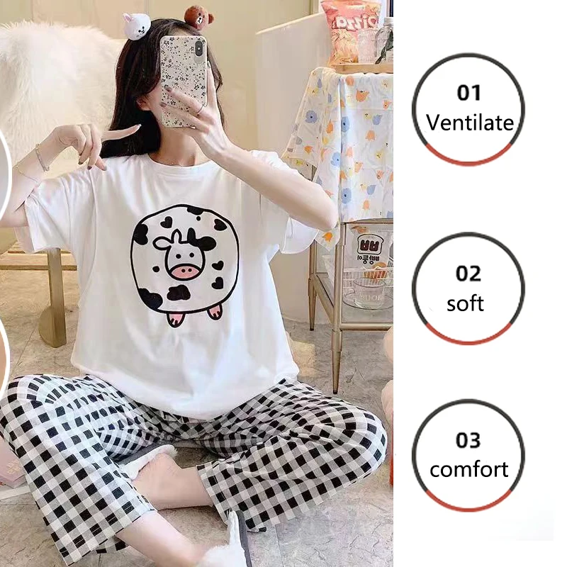 2pcs/Set Pajamas Summer Set Of Students Short-Sleeved Long Pants Cartoon Cow Ladies Homewear Breathable Easy To Clean Black Xxl