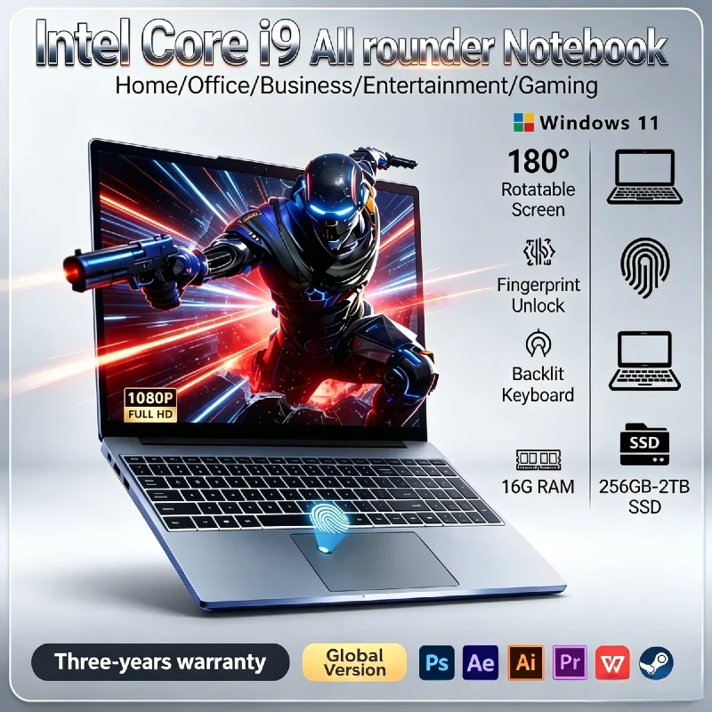 Neuer 15,6-Zoll-Gaming-Laptop Intel Core i9 9900 32GB RAM 2TB SSD Windows 11 Pro Tastatur mit Hintergrundbeleuchtung, entsperrbar, ultradünnes Notebook für das Büro.