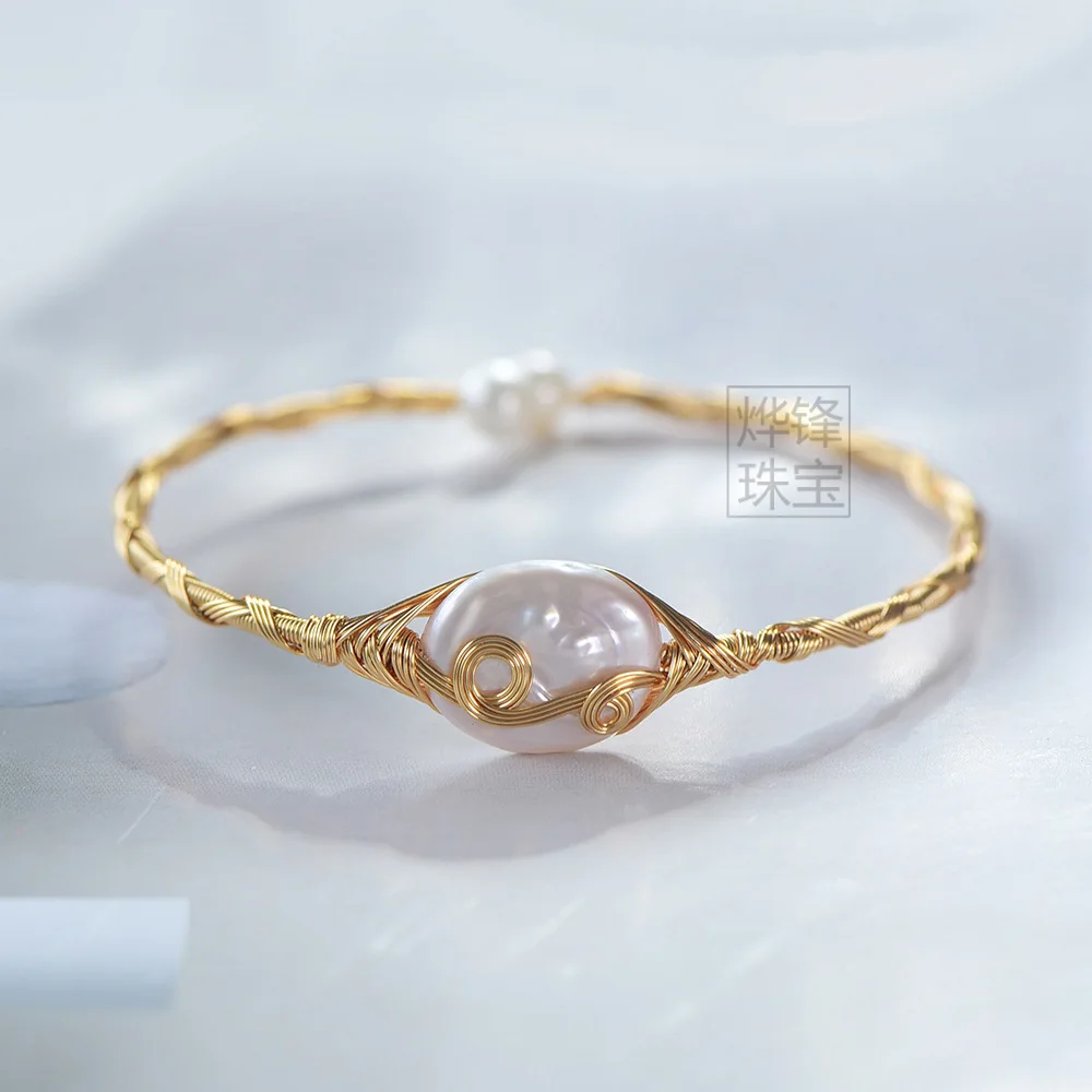 New Arrival Elegant Natural Baroque Freshwater Pearl 14K Gold Filled Lady Bangle Promotion Jewelry Party Gifts Never Fade