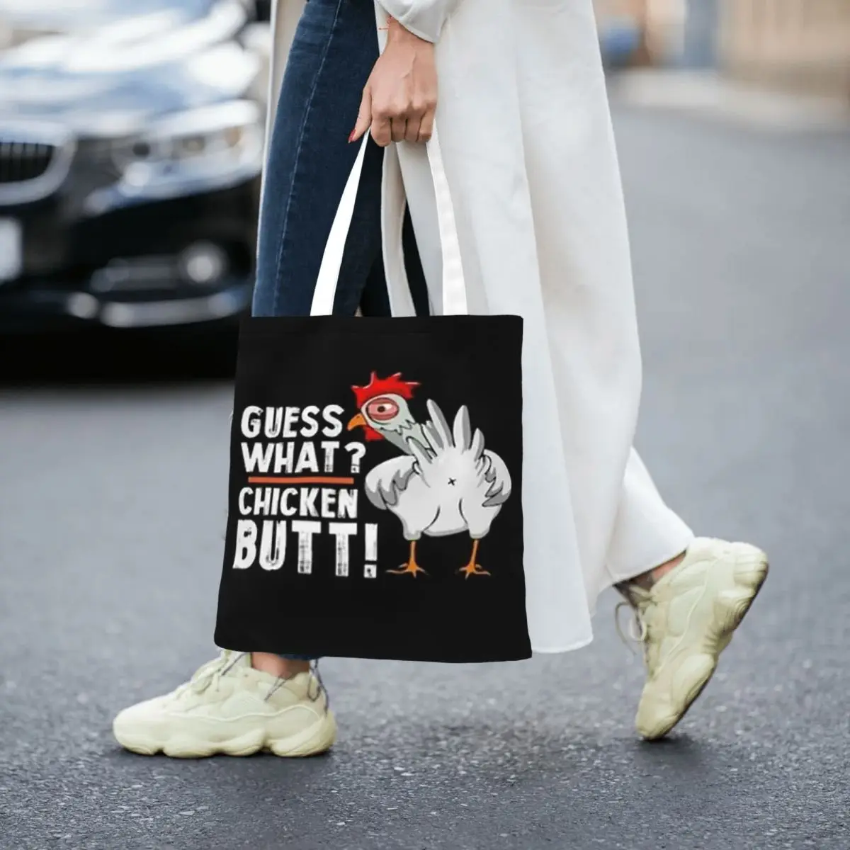 

Добро пожаловать Chicken Guess What Chicken Butt Забавные сумки для покупок Многоразовая парусиновая большая сумка Женская сумка через плечо Дорожная сумка