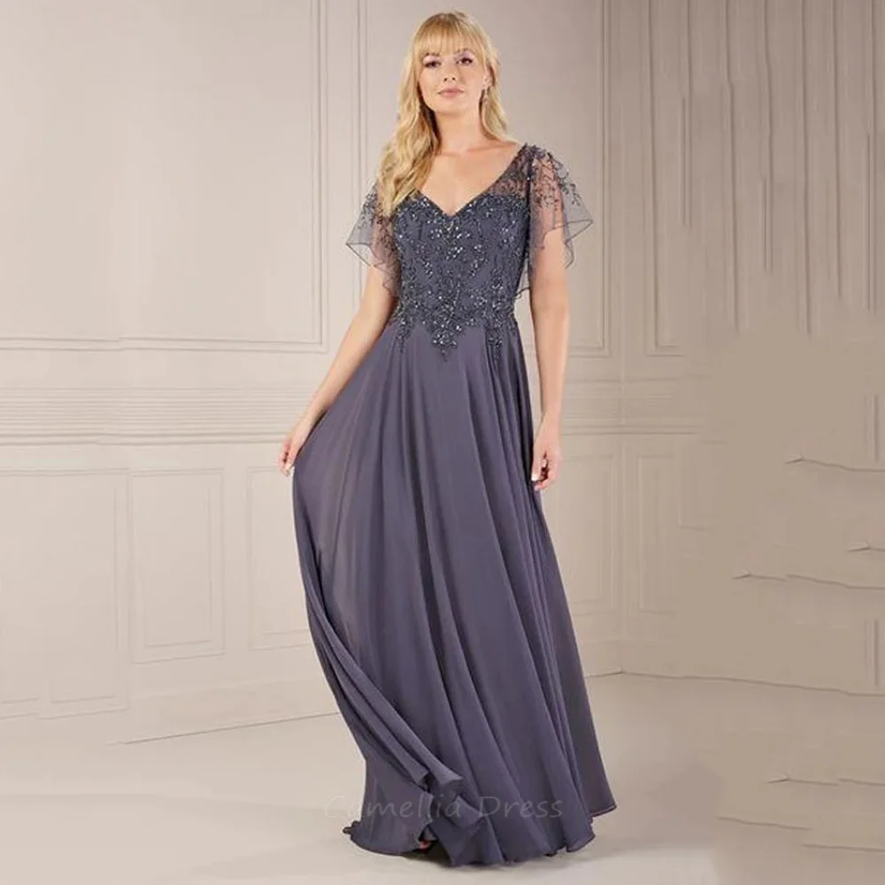 

Customized Mother of the Bride Dress A Line Wedding Guest Gown V Neck Vintage Evening robe Applique Sequined mother of bride