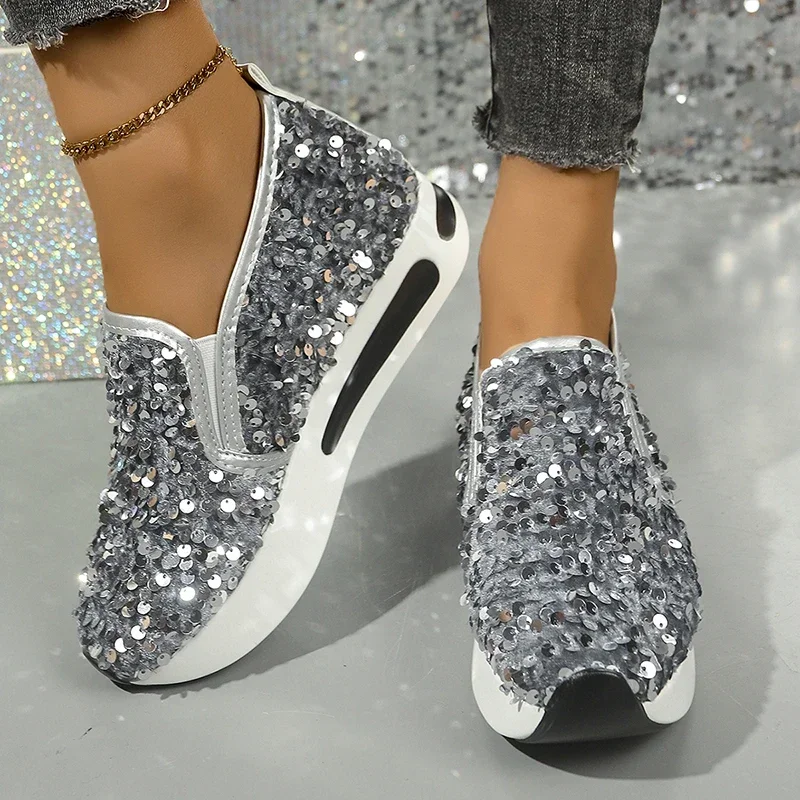 Prata glitter plataforma grossa conforto tênis feminino 2025 outono mocassins de fundo grosso deslizamento-on altura crescente sapatos casuais 42