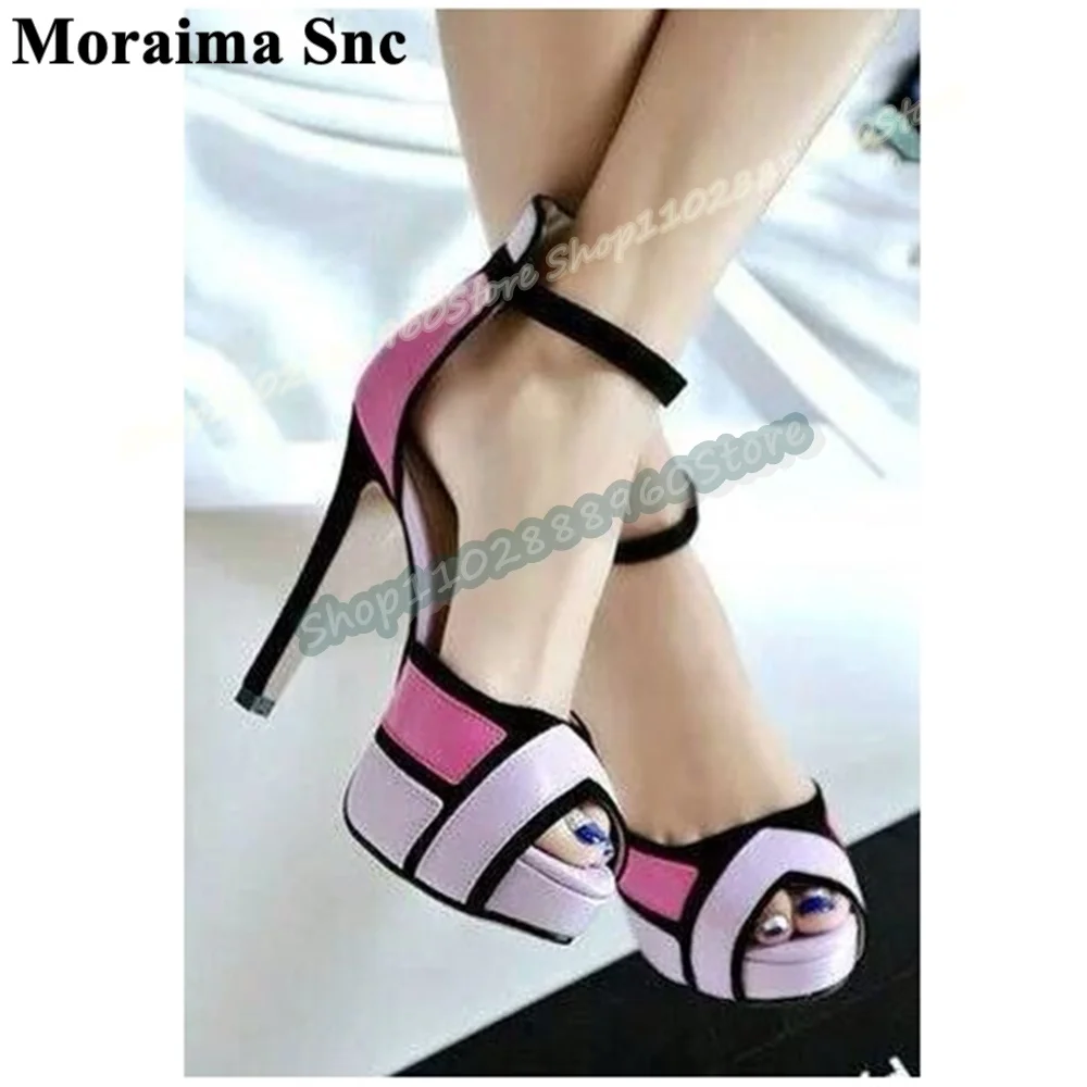 

Splicing Mixed Leather Platform Sandals Stilettos High Heel Women Shoes Ankle Buckle Strap Peep Toe Fashionable Casual Sandals