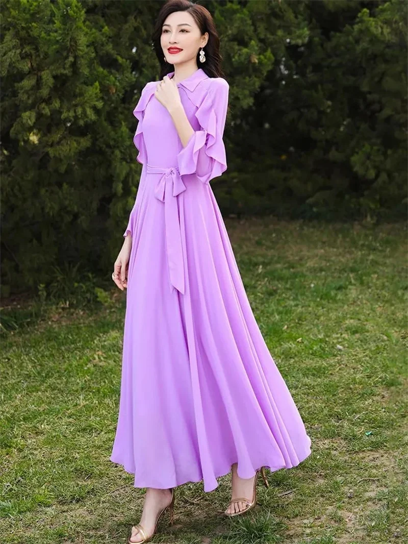 A niche High-end Exquisite Long Dress With Exquisite Beauty Gentle Style  2024 Spring Autumn Purple Chiffon Dress for Children S4