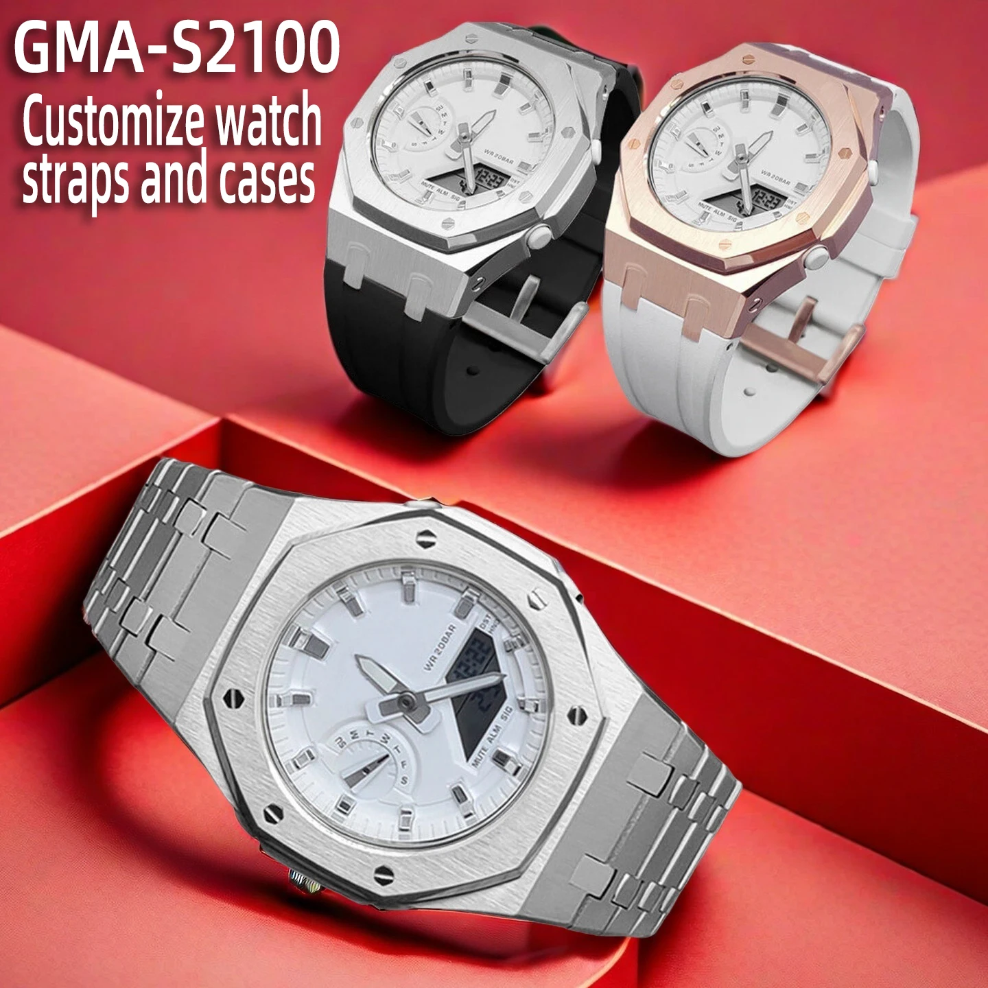 Correa de Goma Plateada/Dorada y Caja para Reloj Casio GMA-S2100 para Mujer, Talla Pequeña, Correa de Metal de Acero Inoxidable Modificada