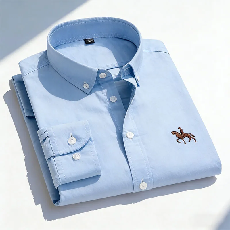 

Casual 100% Cotton Oxford Men‘s Long Sleeved Embroidery Horse Regular Fit Fashion Button Shirts Bussiness Striped Plaid Blouses