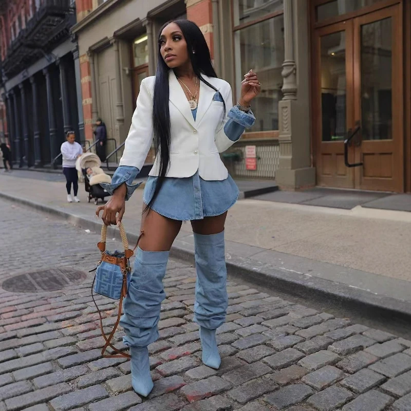 

2026 Autumn New Fashion Casual Versatile Patchwork Denim Suit Coat European American Retro Style Single-breasted Coats for Women