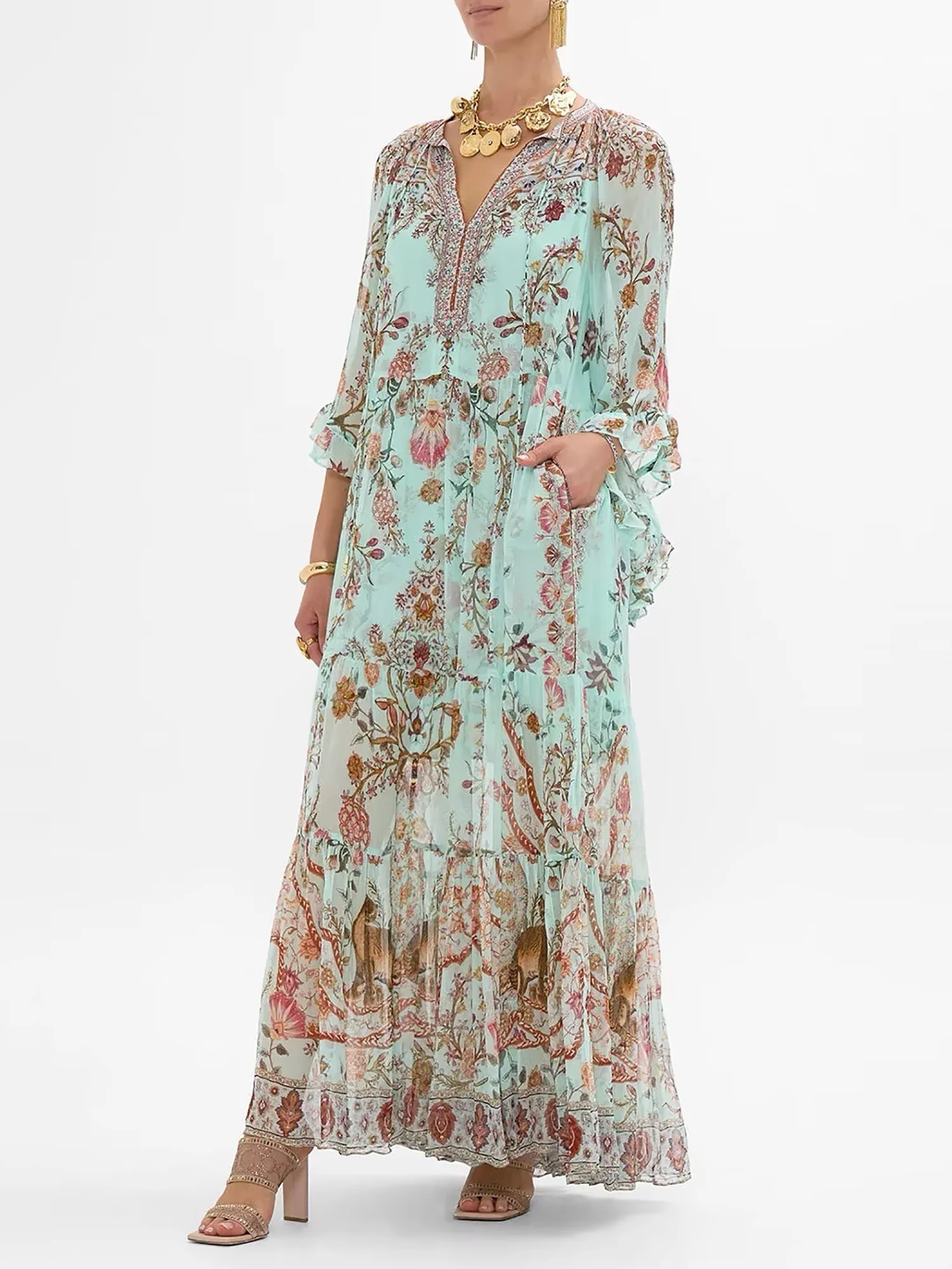 Women's 100% Real Silk Diamond Printing Summer Midi Dress Australian Vintage Runway Designer Beach Boho Ruffled