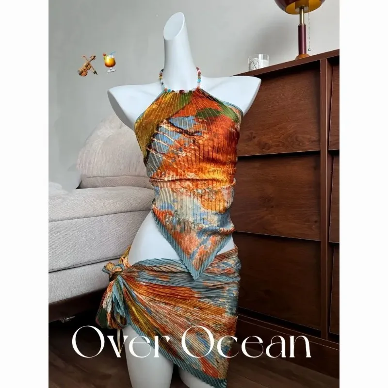 

Women's 2 Piece Abstract Oil Painting Print Pleated Halter Set Beaded Neck Asymmetrical Crop Top Wrap Skirt Vaion Outfit
