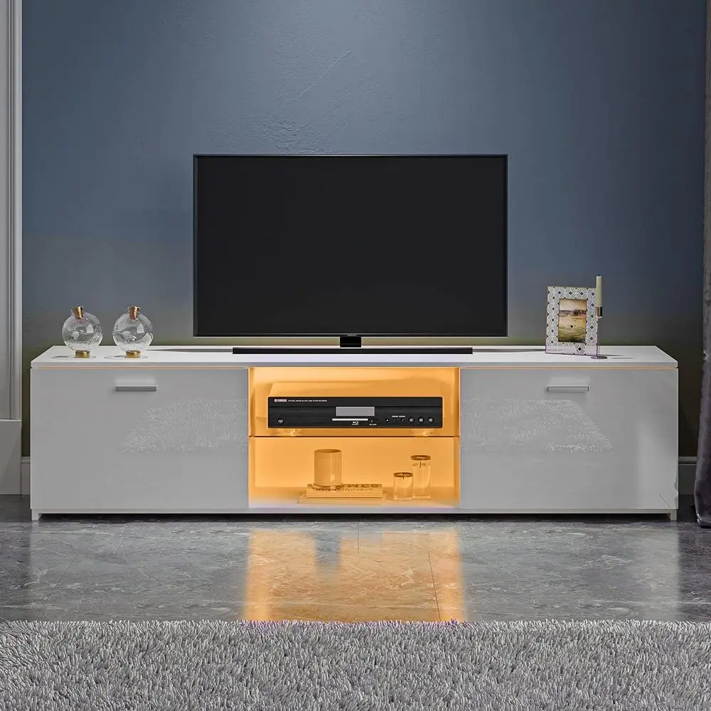 White Double-Sided TV Stand with LED Lights for 2 Open Media Storage, Fits TVs up to 75 Inches