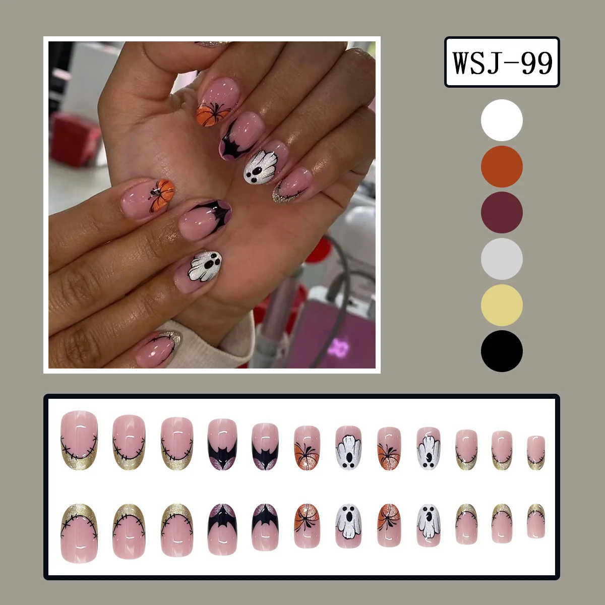 24pcs Halloween Press On Nails Ghost Bat Pumpkin Design Fake Nail Short Oval Nude Pink Full Coverage Nail Tips for Women&Girl