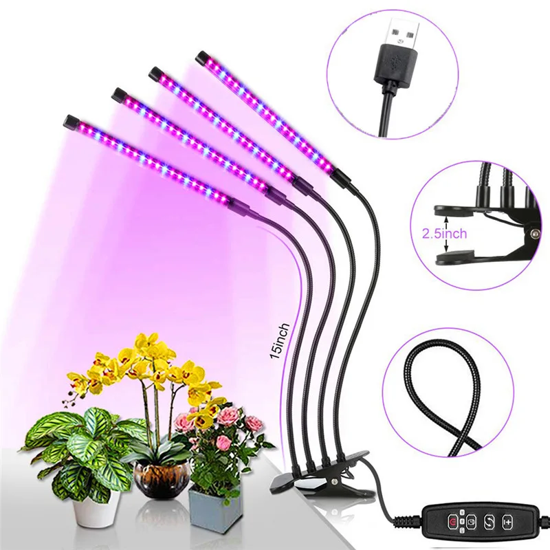 Luz de planta con Clip Dc5V, luz de crecimiento de plantas de cuatro cabezales, atenuación temporizada ajustable por Usb, luz de crecimiento de espectro completo