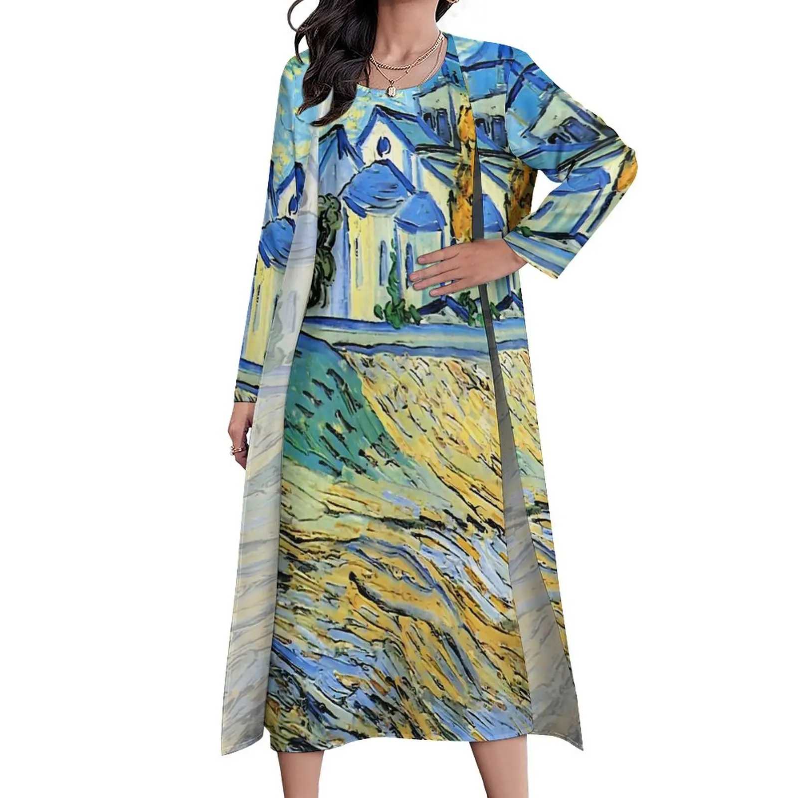 Van Gogh Dress Spring The Church Of Saint Paul Aesthetic Casual Long Dresses Woman Graphic Cute Maxi Dress Large Size