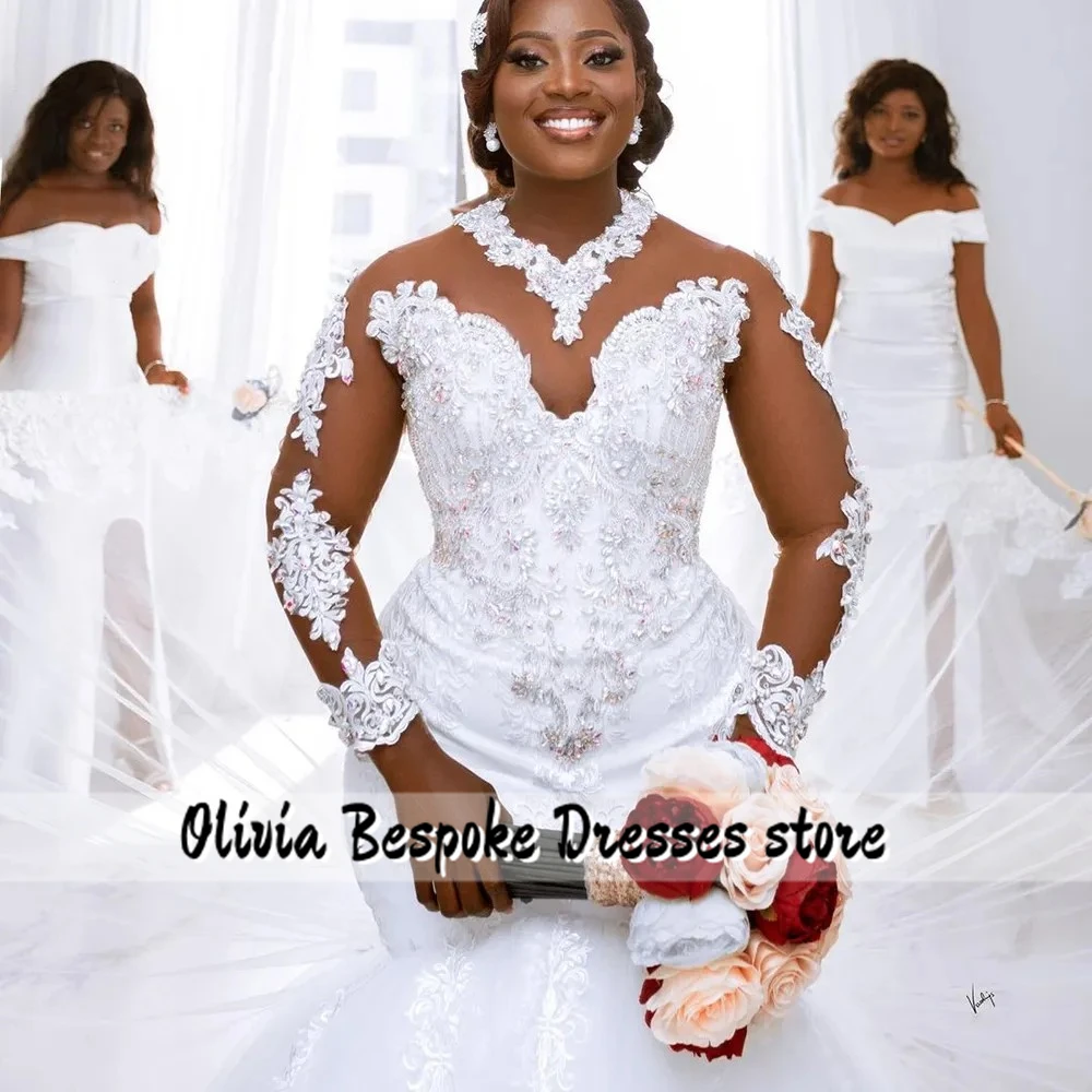 Long Sleeves Mermaid Aso Ebi Wedding Dresses For Women Beads Crystal Applique Marriage Party Africa Bridal Gowns 2025 Customized