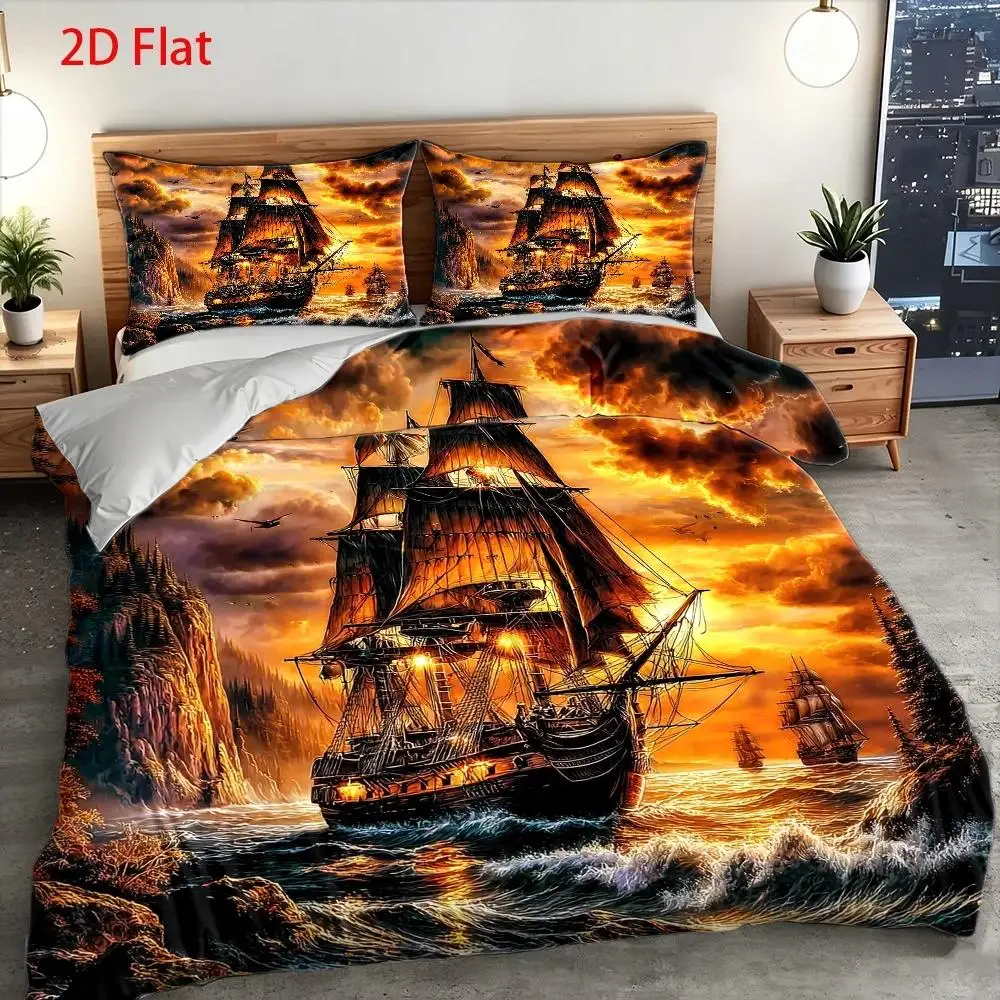 Pirate Ship Theme Vintage Oil Painting Duvet Cover Set Multi Size Quilt Cover Queen Size Bedroom Bedding Decoration Machine Washable Adult Boy Girl Bedroom