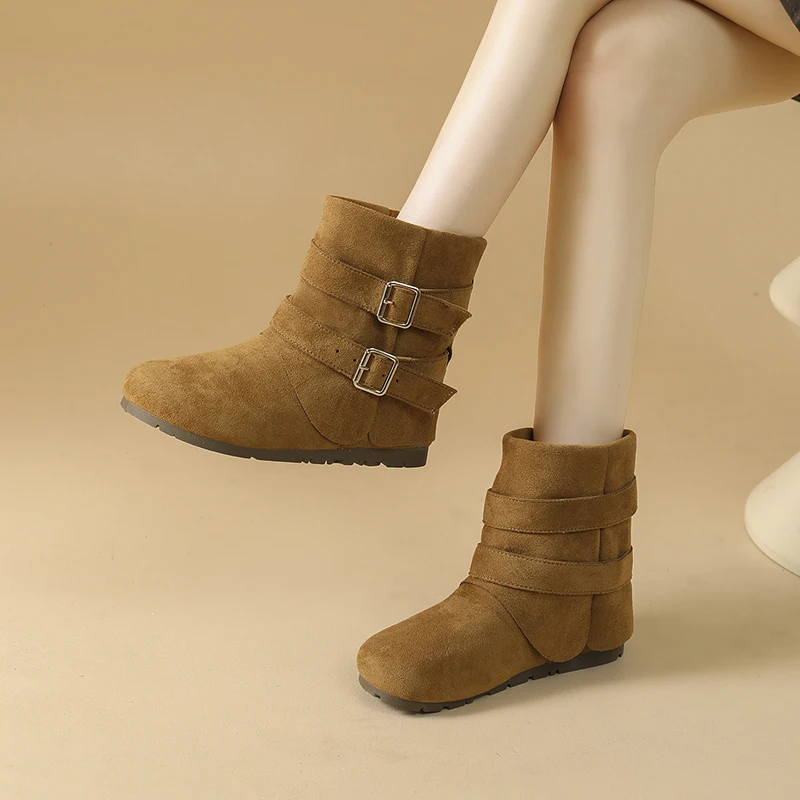 CRLAYDK ريترو المرأة قصيرة حذاء من الجلد الانزلاق على الشتاء مشبك حذاء مسطح عادية مريحة السيدات المشي جولة تو الجوارب