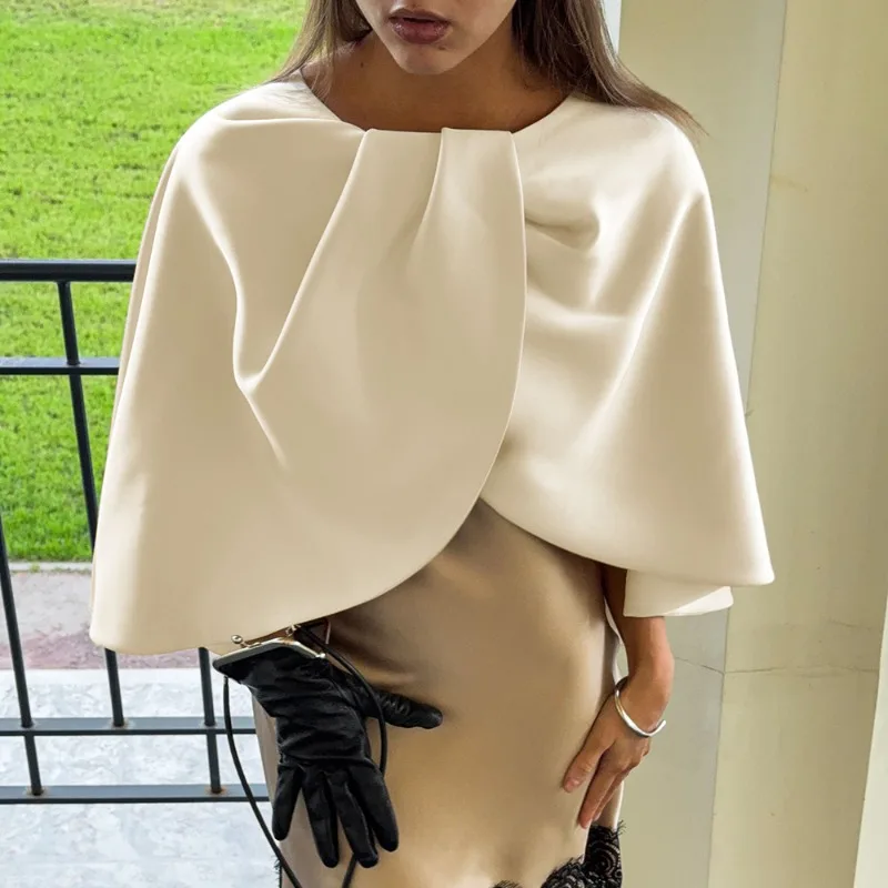 

Talenza Elegant Women Shawl Tops Fashion Satin Cloak Shawl Top Autumn Luxury Solid Patchwork High Street New Female Top T-Shirts