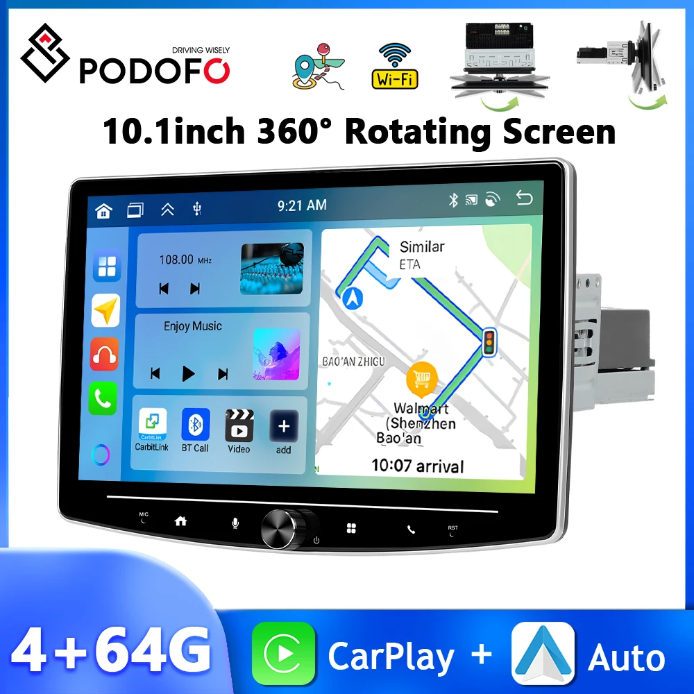 Podofo 10.1'' IPS Touch Screen 4+64G Car Radio WIFI 2Din Multimedia Player Carplay Android Auto Rotate Screen GPS Car Stereo