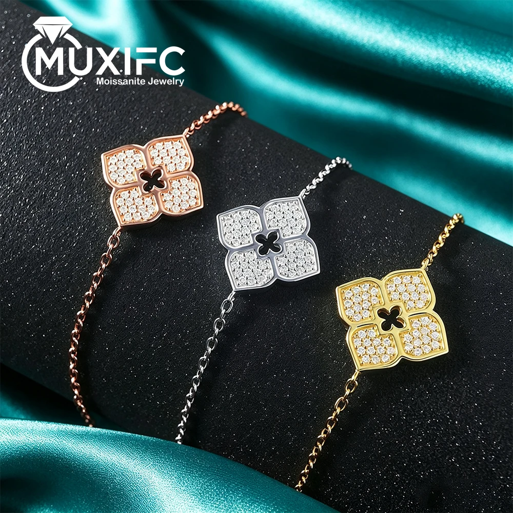 Flower Full Moissanite Bracelets for Women 100% S925 Silver Plated 18k Gold Lab Diamond Bridal Adjustable Dainty Hand Chain Gift