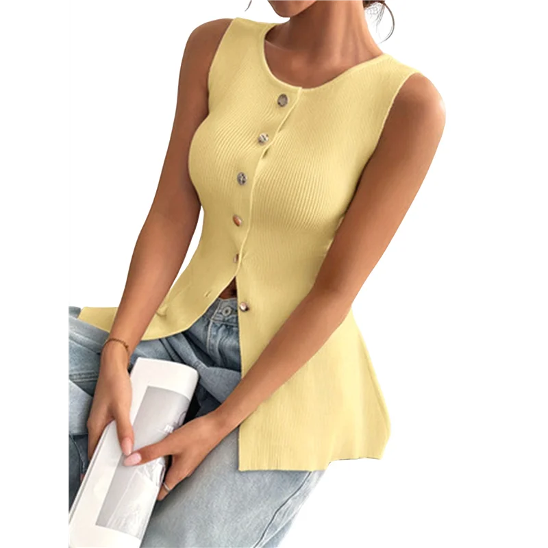 

Женская майка на пуговицах, летний жилет в рубчик, облегающая укороченная рубашка без рукавов с открытой передней частью-A55G