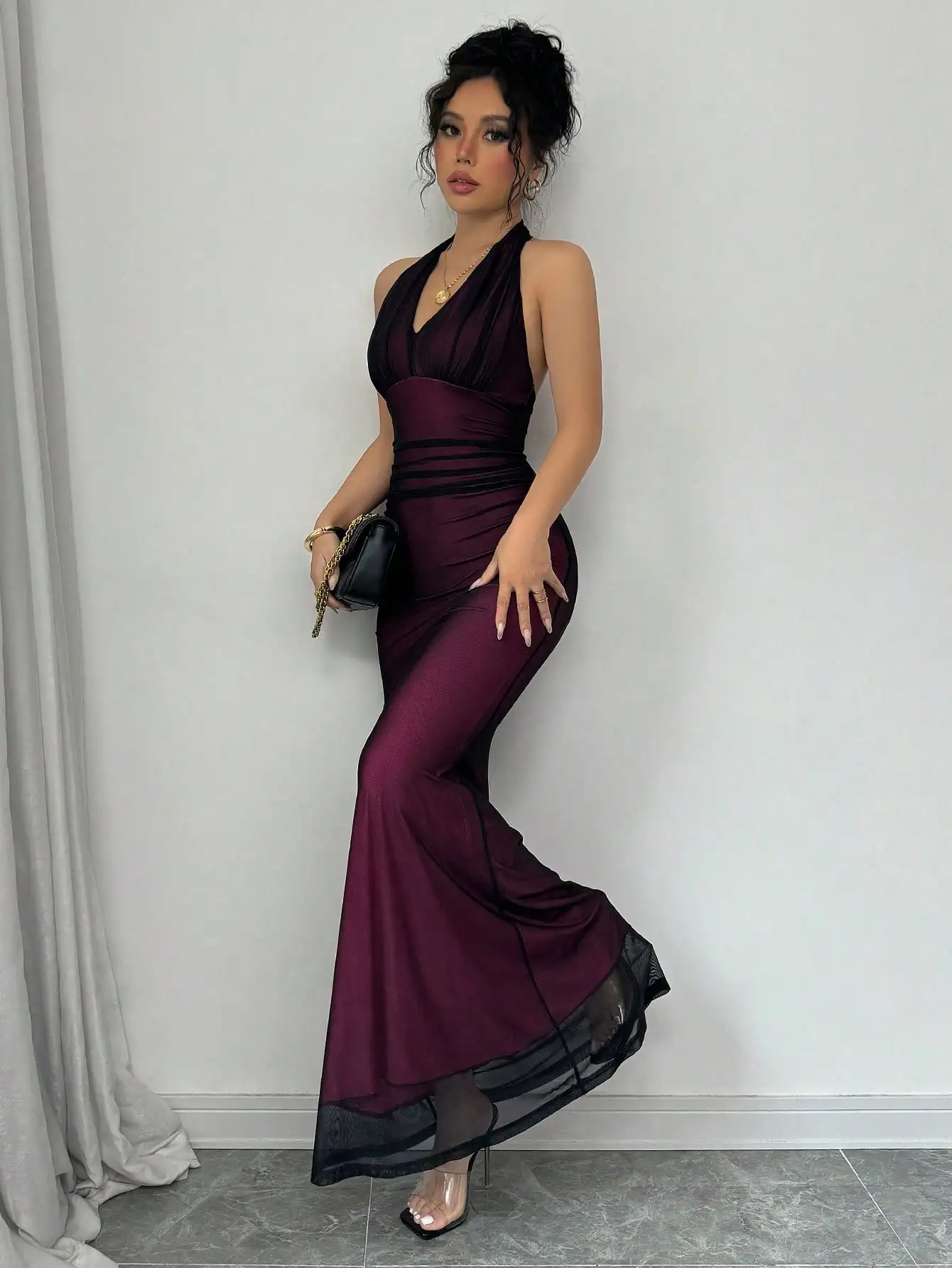 Rafferiza – robe longue élégante, moulante, ourlet en queue de poisson, col en v, taille plissée, maille avec doublure rouge Rose, pour femmes