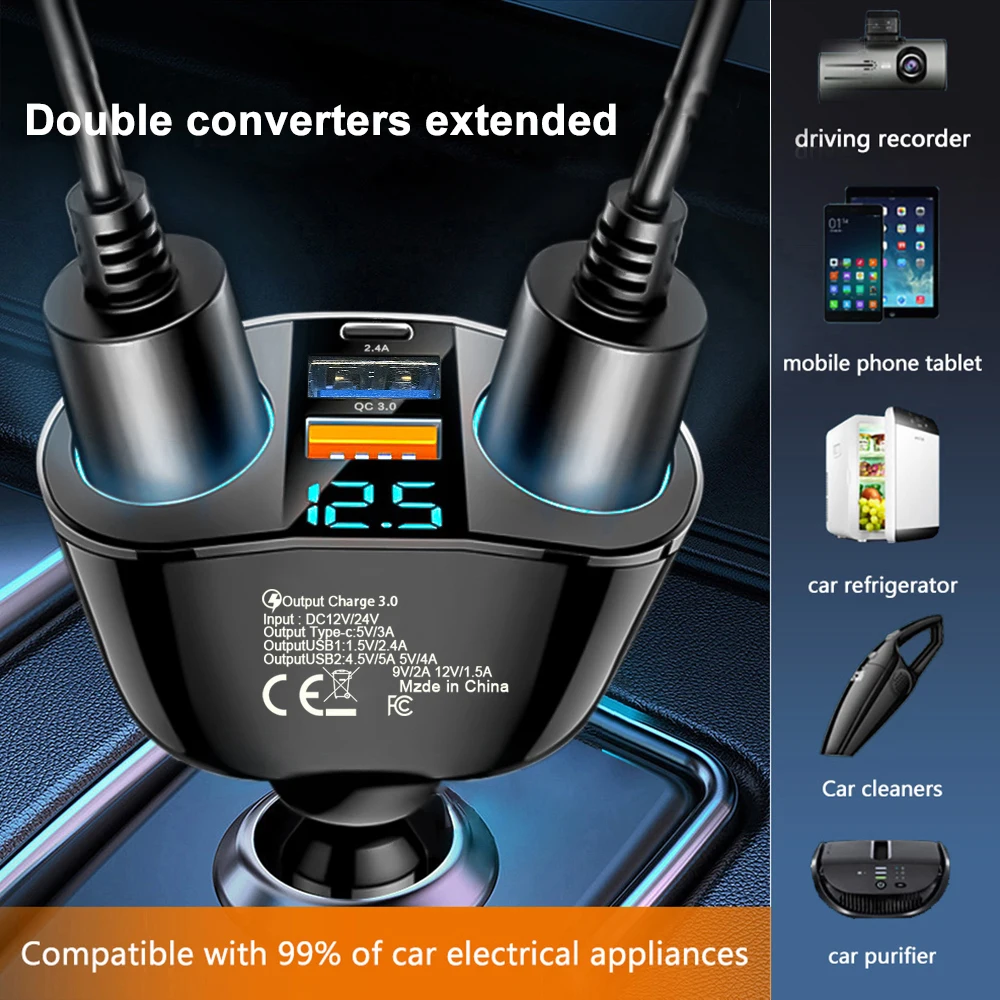 Dual USB Digital PD Car Charger Is Suitable for Charging Multiple Devices Simultaneously