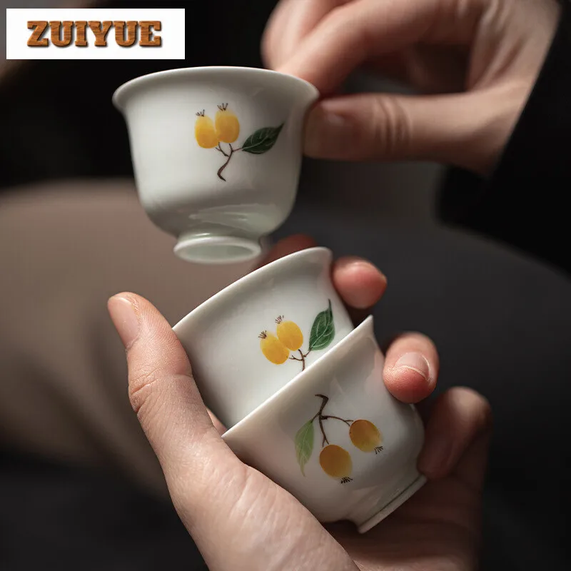 

2pc/set Jade Mud Handmade Master Cup Handpainted Loquat Teacup Creative Mug Smelling Cup Tea Ceremony Accessories Ornaments 40ml