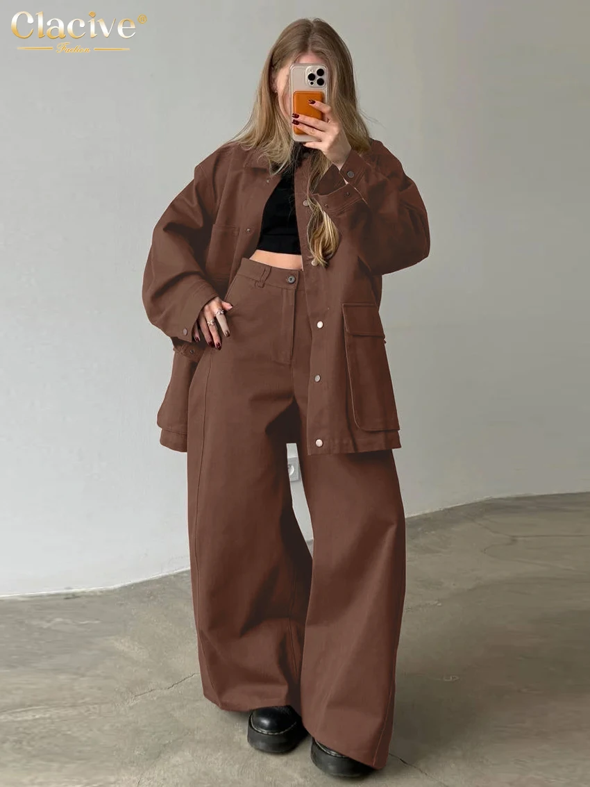 Clacive Set di pantaloni grigi larghi alla moda Set di 2 pezzi da donna elegante camicia a maniche lunghe con pantaloni larghi a vita alta Set di abbigliamento femminile