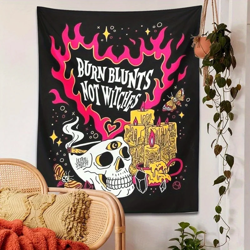 

VIKAMA Halloween Dark Skeleton Signage Tapestry "BURN BLUNTS" Gothic Cool Bar Escape Room Decoration